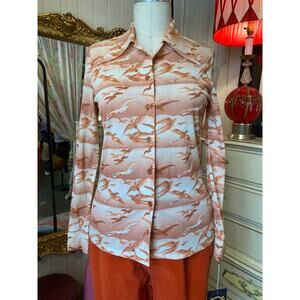 Vintage 1970s novelty, print polyester shirt bird print clouds orange button up